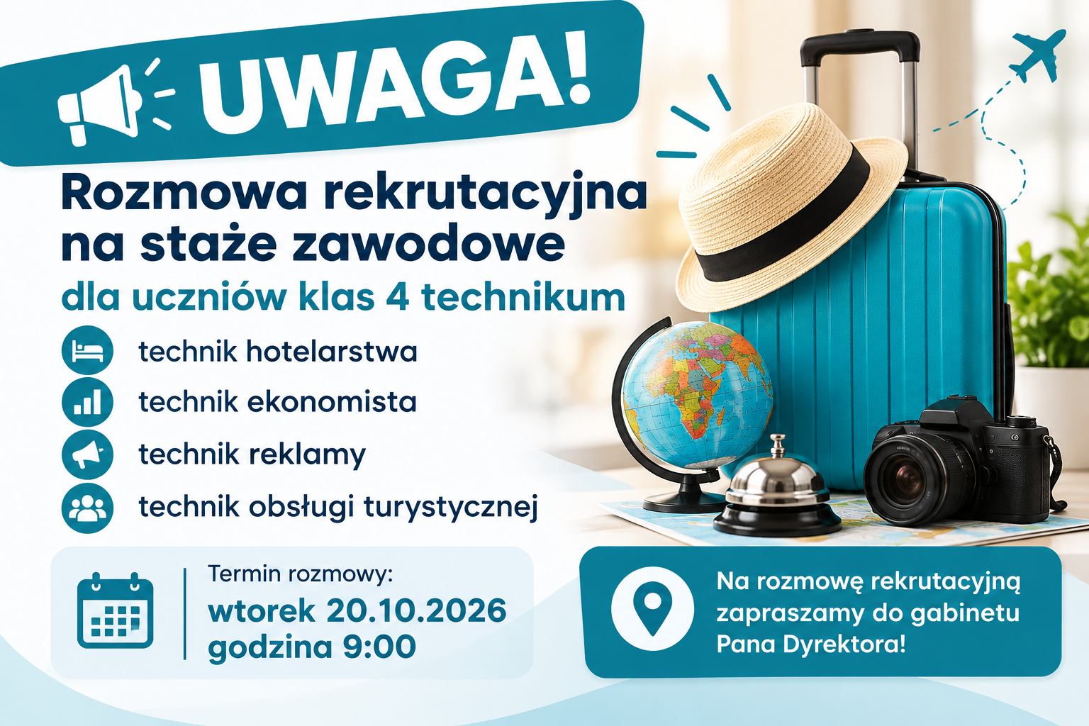 UWAGA! Uczniowie klas 4 technikum: technik hotelarstwa, technik ekonomista, technik reklamy oraz technik obsługi turystycznej – rozmowa rekrutacyjna na staże zawodowe.